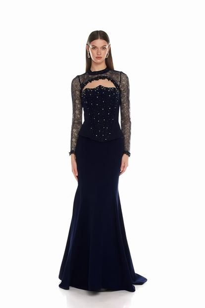 Lacivert Korse Detaylı Dantel Görünümlü Abiye Elbise